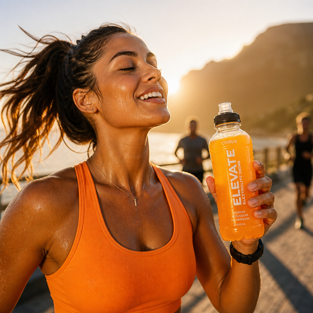 Athlete drinking an electrolyte supplement during exercise with satisfied expression
