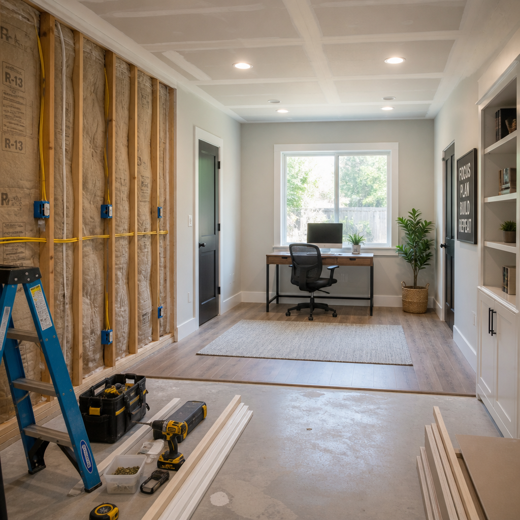 Garage conversion interior during construction with insulation and electrical work