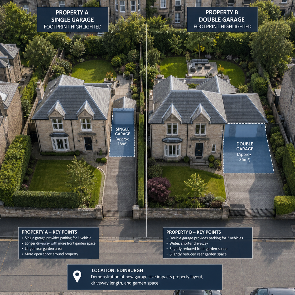 Overhead view comparing single and double garage footprints on Edinburgh properties