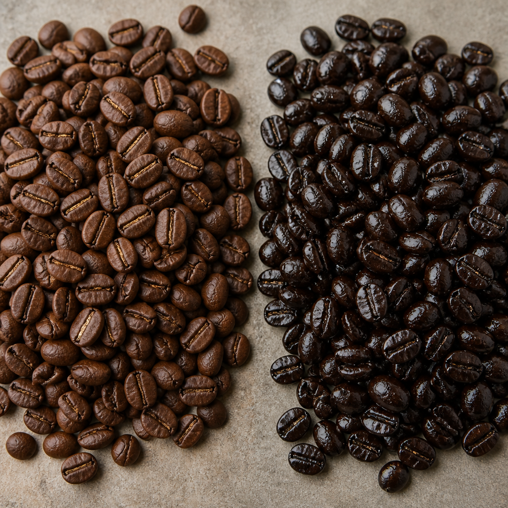 Italian blend and French Continental coffee beans compared side by side showing roast level differences