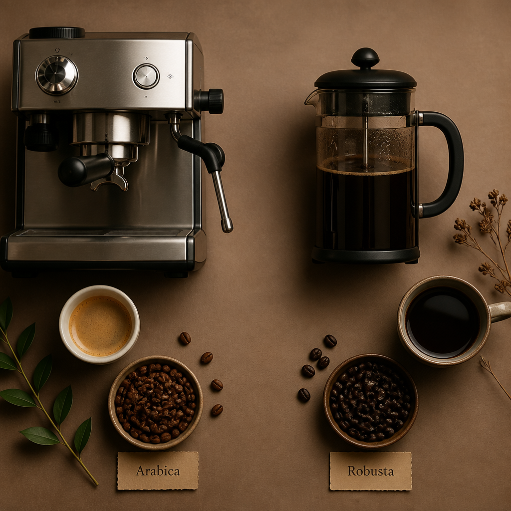 Espresso machine and cafetière brewing methods displayed with their ideal coffee roast styles