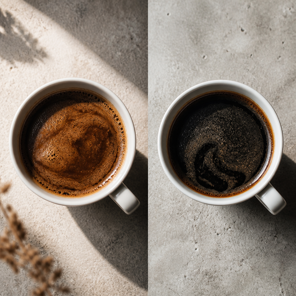 Two brewed coffee cups showing distinct flavor and color profiles of Italian blend versus French Continental roasts