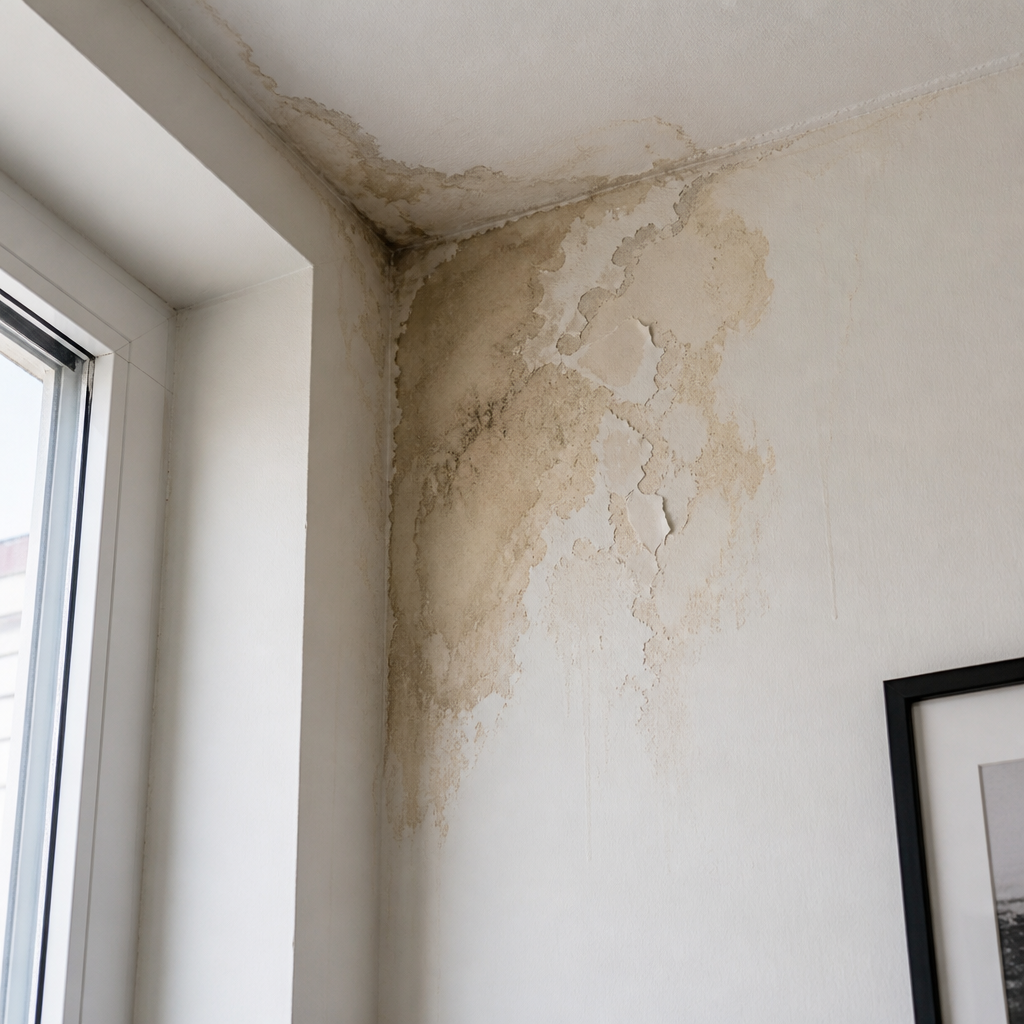Water damage and moisture staining on apartment wall corner showing paint failure