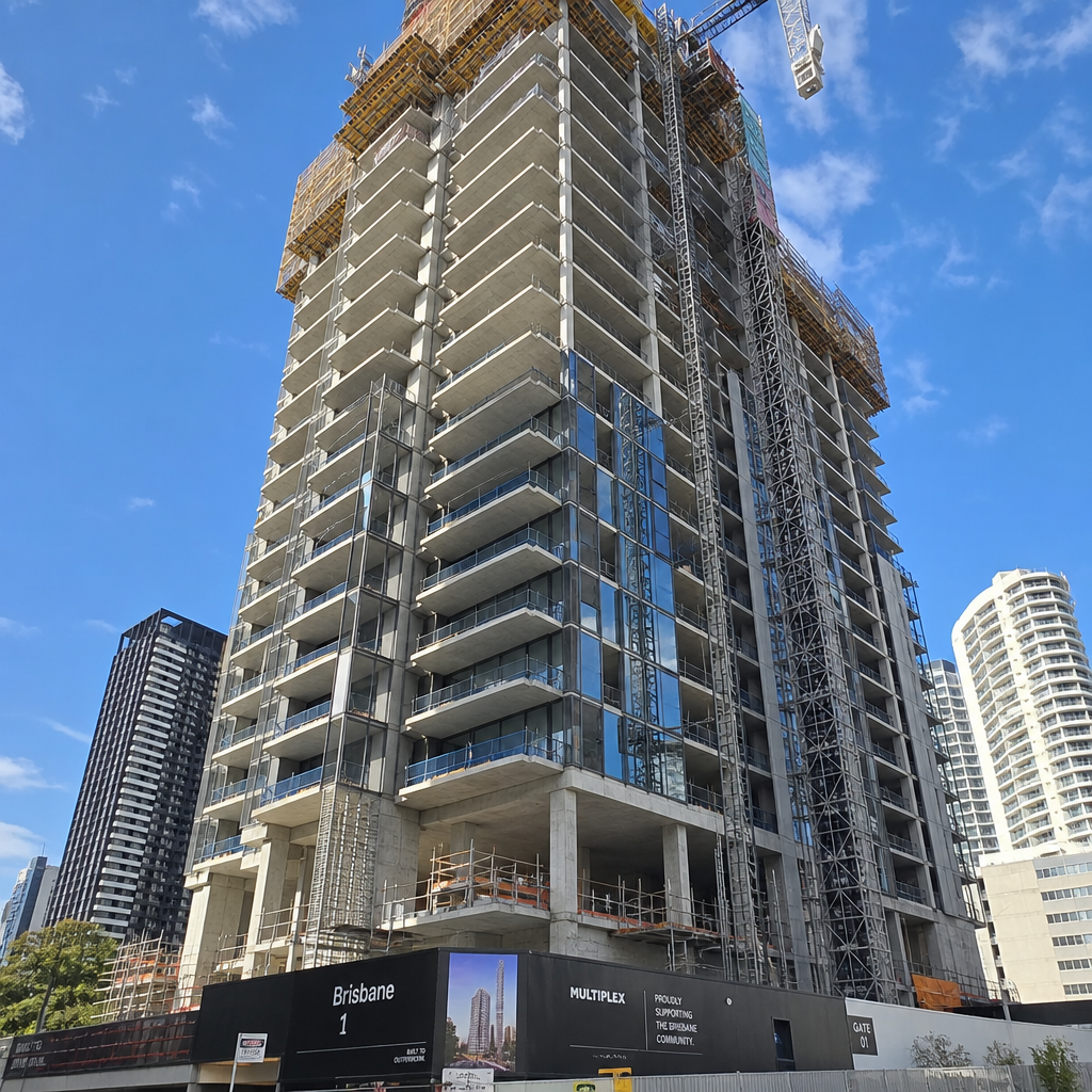 High-rise apartment building under construction in Brisbane showing multiple floors and structural work