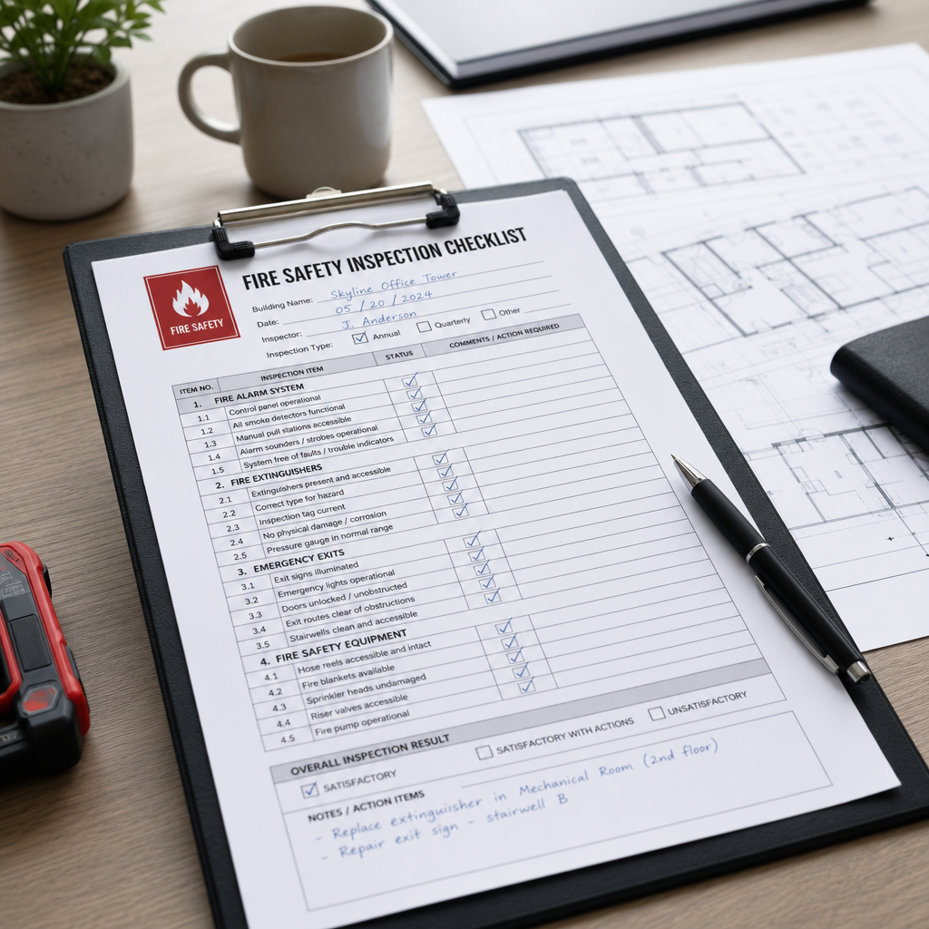 Building inspection checklist and compliance documentation on desk with fire safety records