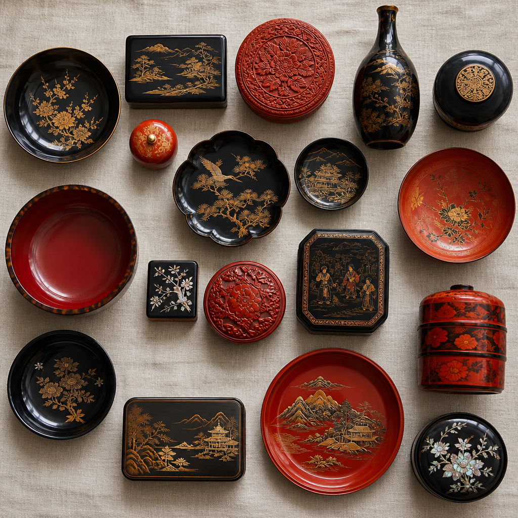 Collection organisée de diverses pièces de laque birmane disposées en composition à plat