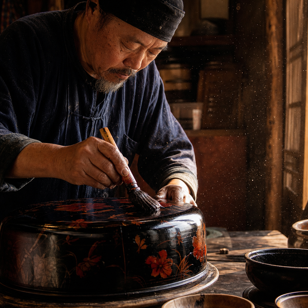 Artisan appliquant des couches de laque à la main dans un atelier traditionnel birman