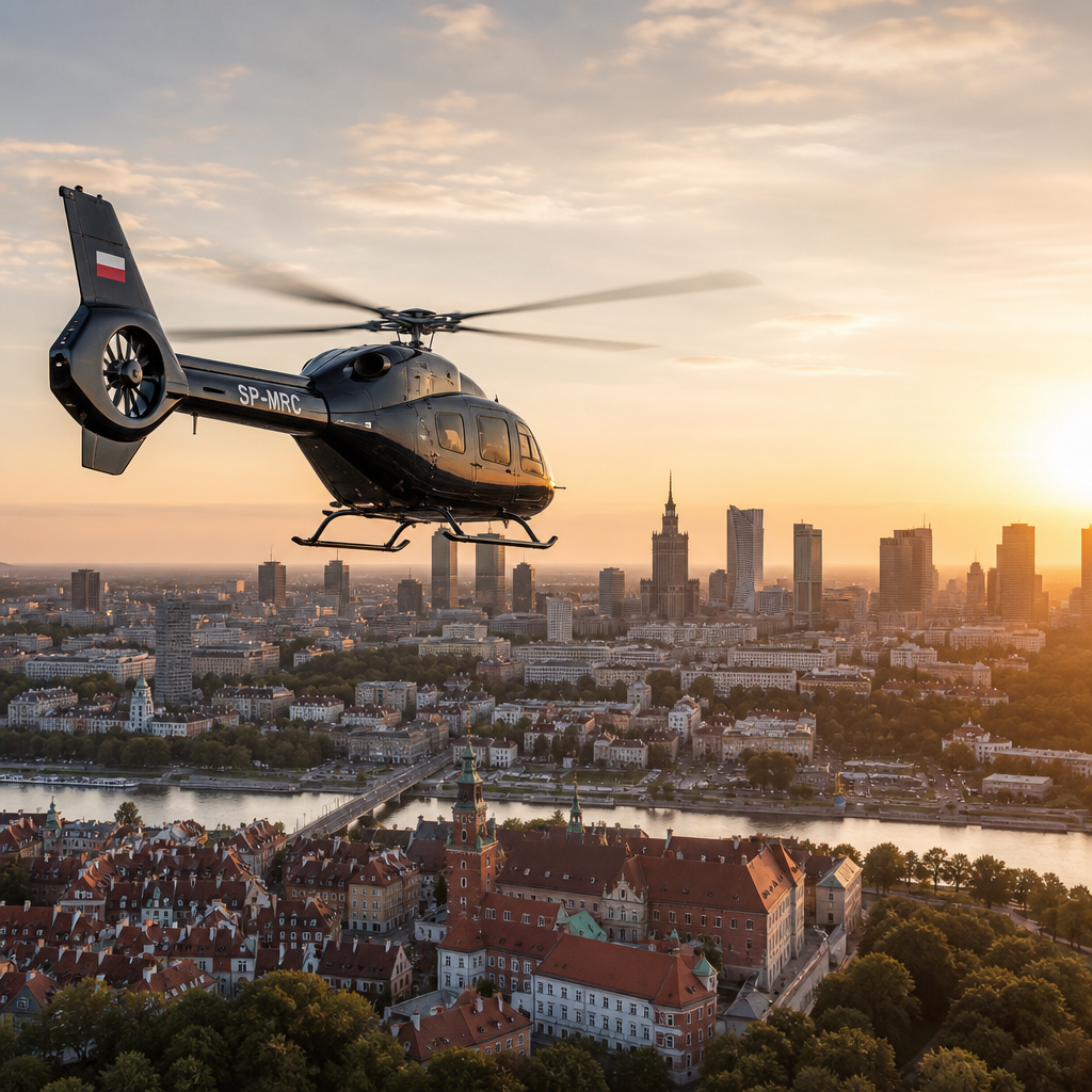 Helikopter przelatujący nad polskim miastem podczas zachodu słońca