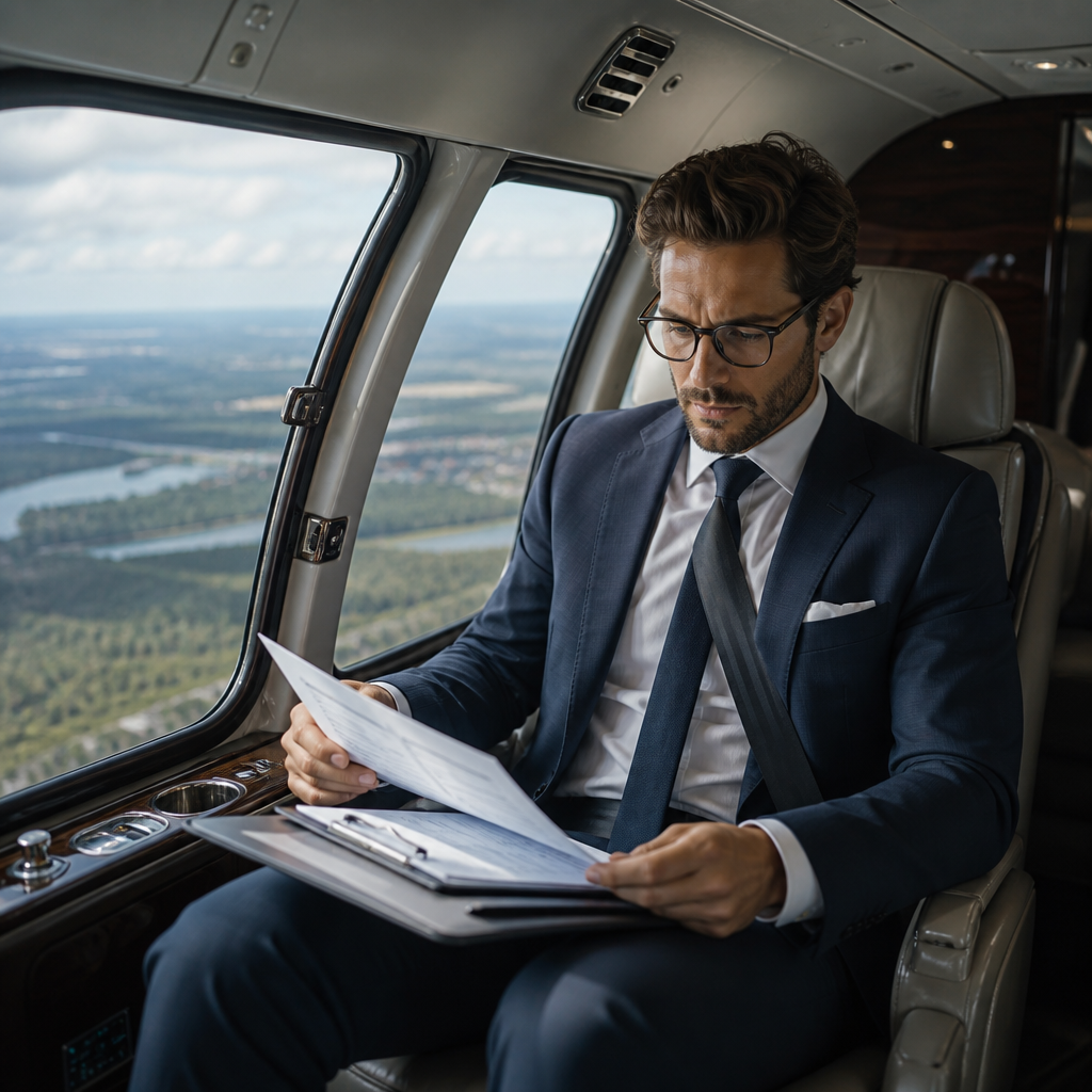 Wnętrze luksusowego helikoptera z biznesmenem pracującym podczas lotu