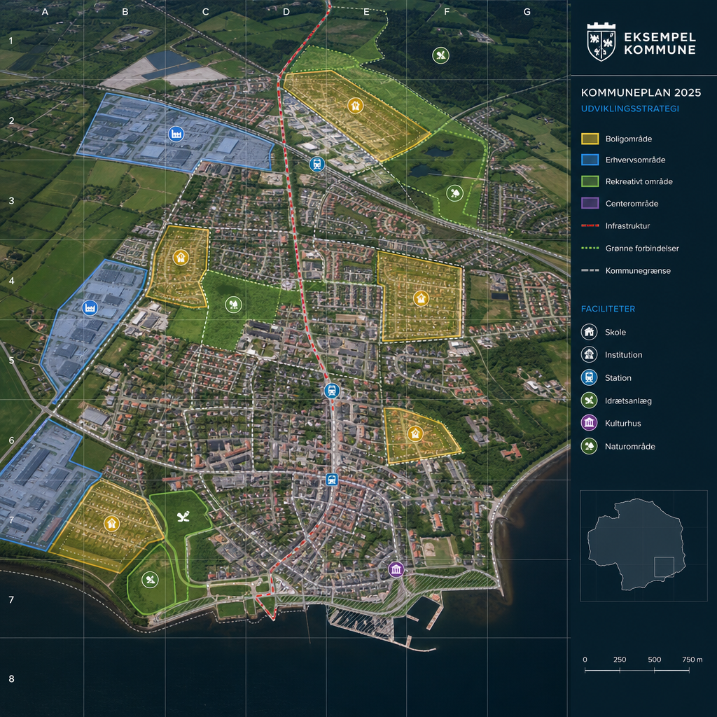 Luftfoto af dansk kommune med planlagte zoner og infrastruktur set fra drone