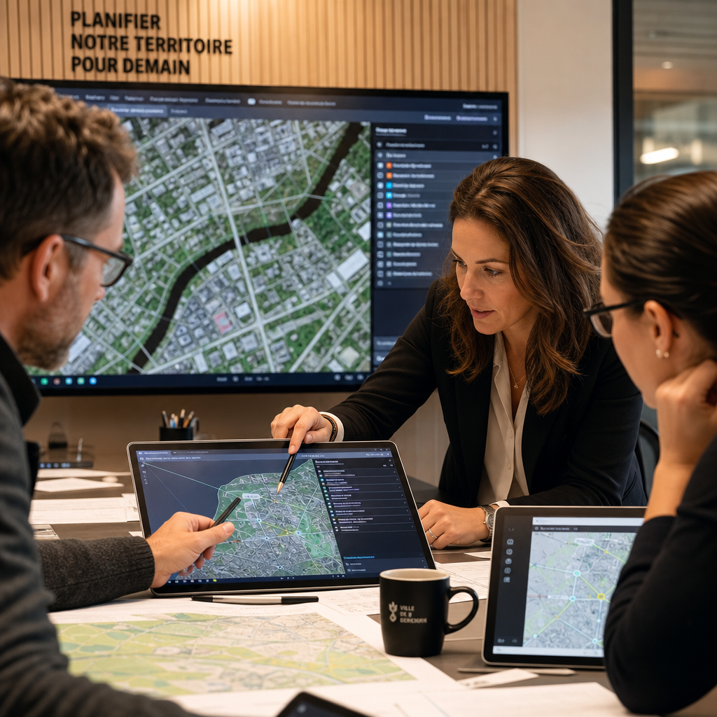Kommunalt planlægningskontor med medarbejdere der arbejder med digitale ortofoto på computerskærme
