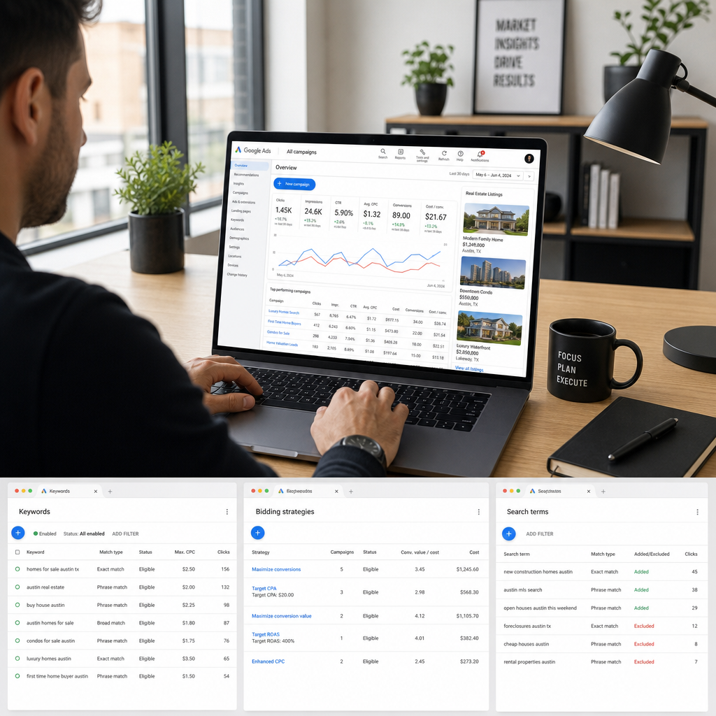Real estate professional reviewing Google Ads campaign dashboard with property metrics and keyword performance data