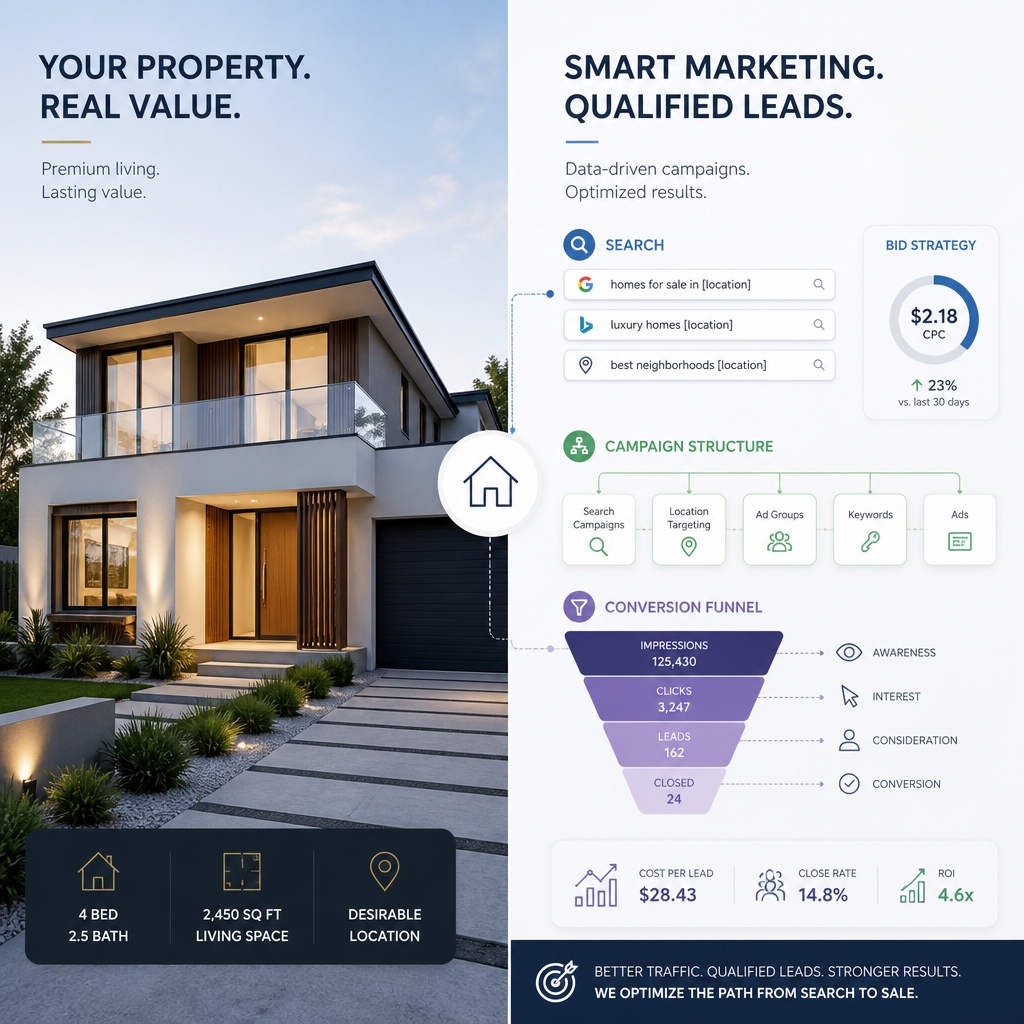 Visual comparison of traditional property listing versus digital Google Ads marketing funnel for real estate