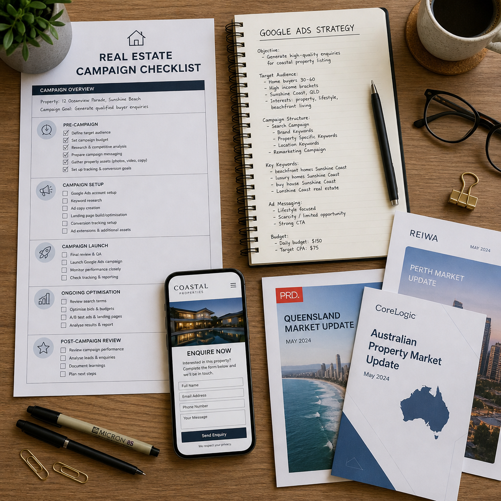 Real estate Google Ads campaign planning materials including checklist, notes, and mobile conversion tracking setup