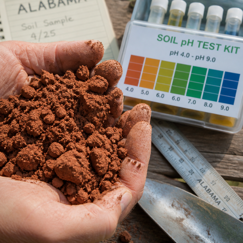 Hands holding clay soil with pH testing equipment on a garden workbench