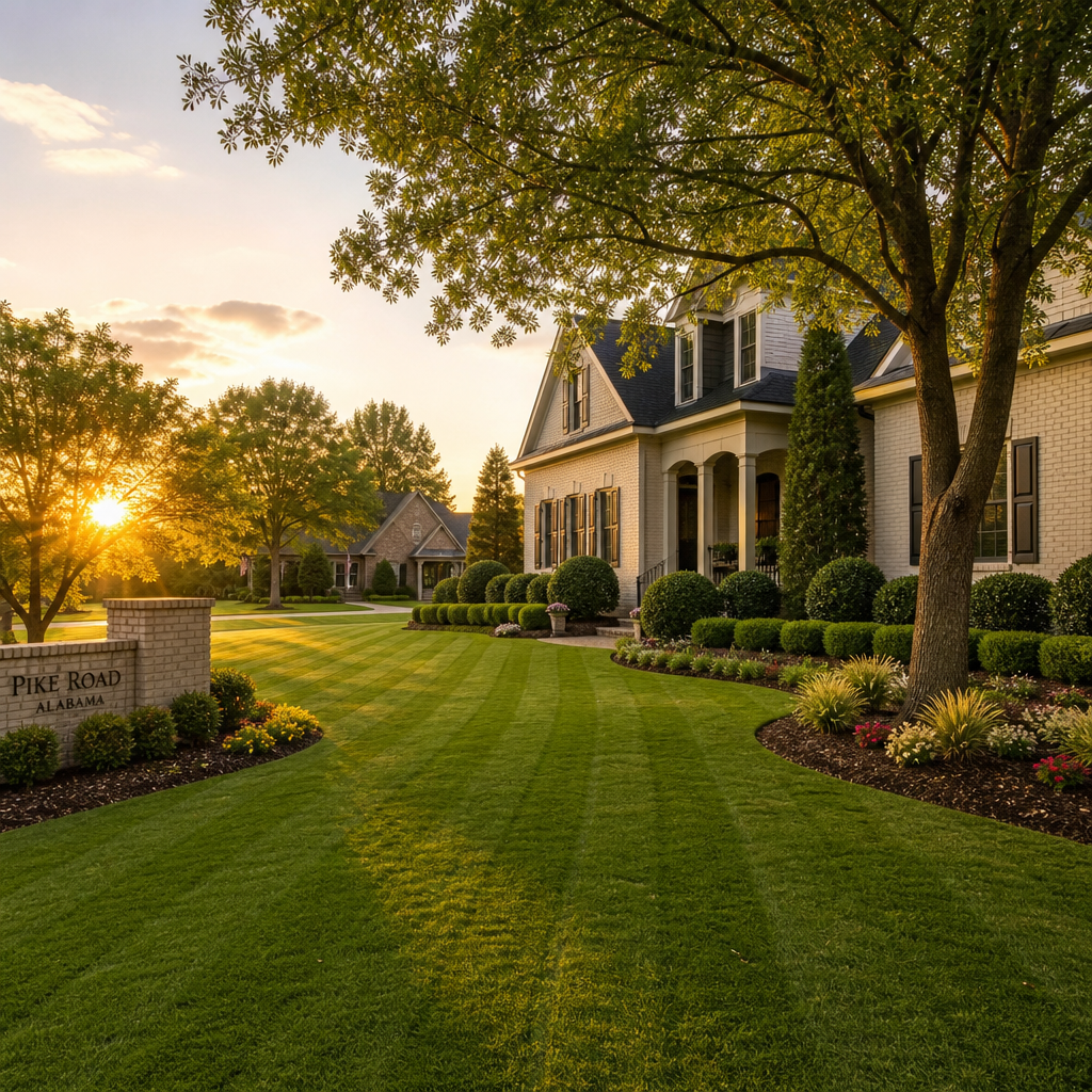 Well-manicured residential landscape with healthy lawn, trimmed shrubs, and defined garden edges