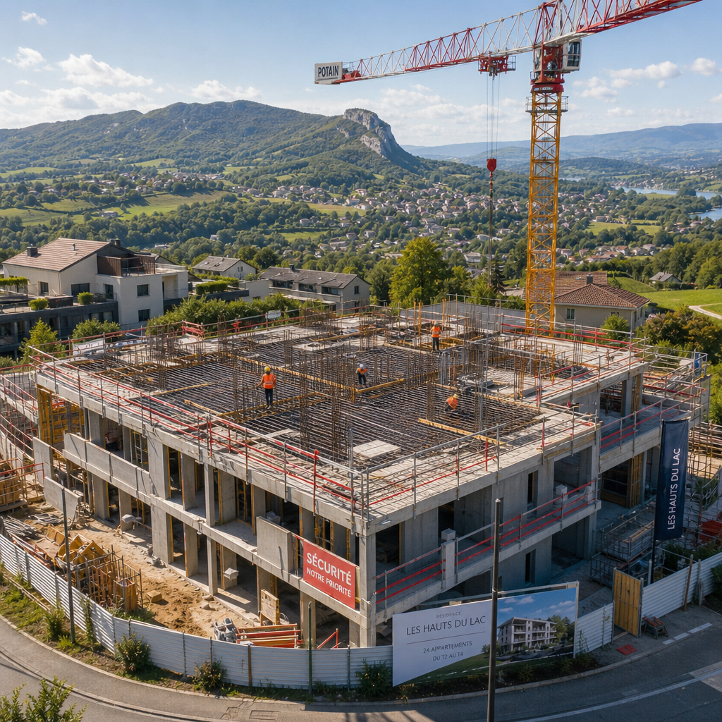 Bâtiment résidentiel en construction avec armature acier et équipements parasismiques visibles
