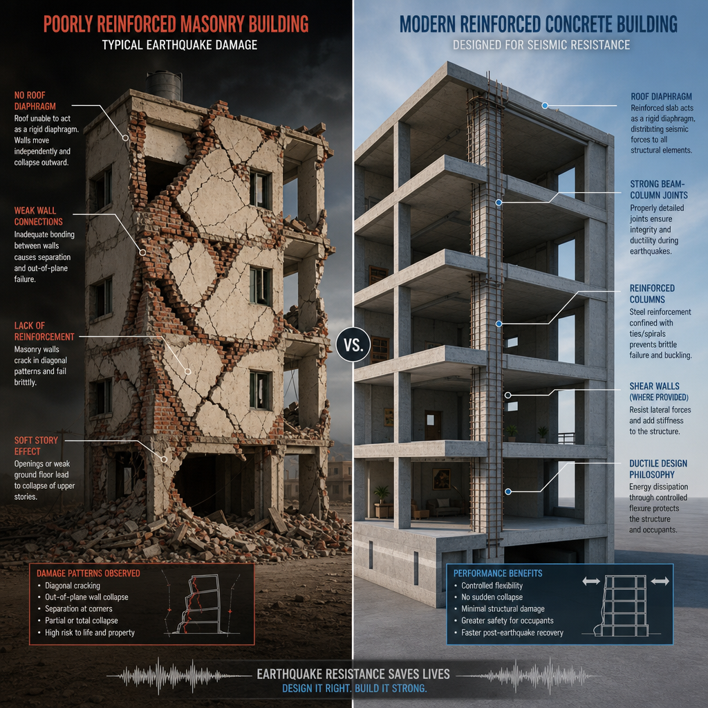Comparaison entre dommages sismiques et bâtiment conforme aux normes parasismiques