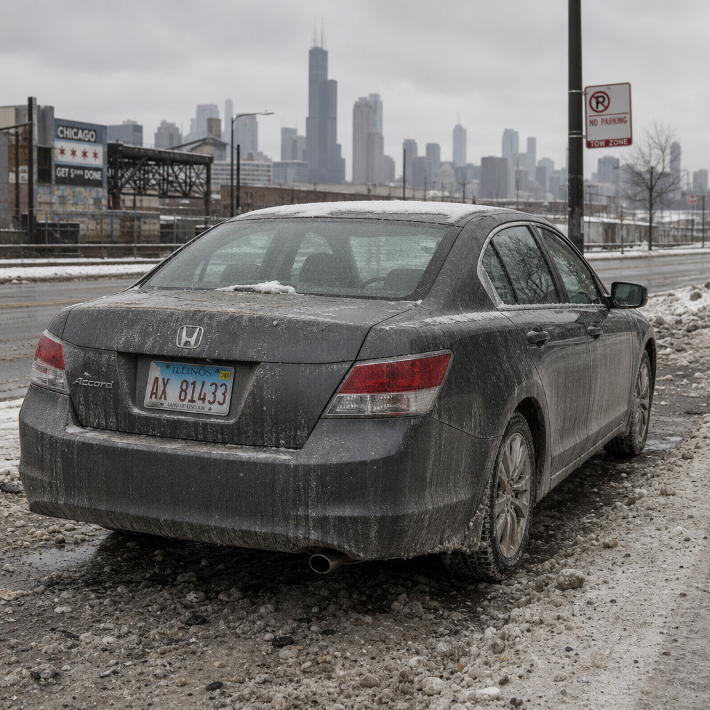 Car exposed to Chicago winter weather with salt and snow on roads