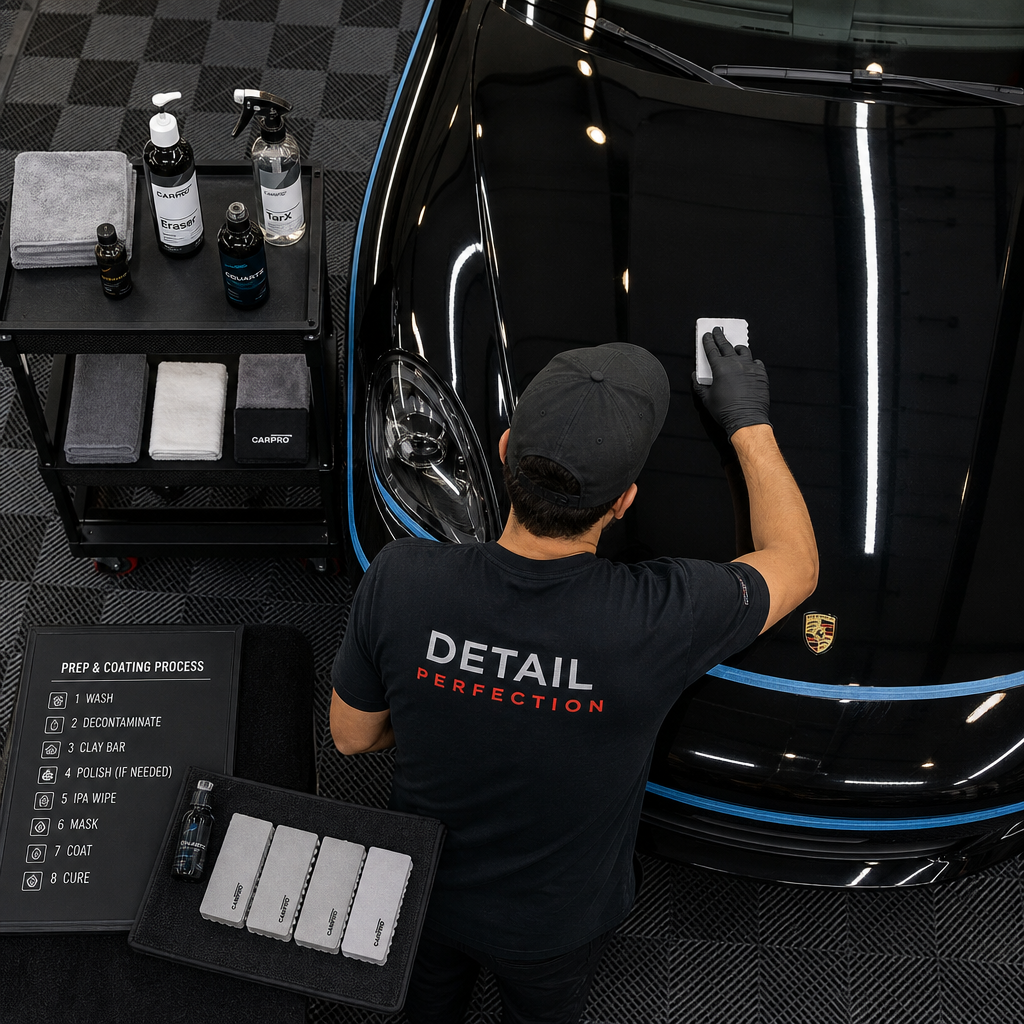 Professional detailer applying ceramic coating with precision technique