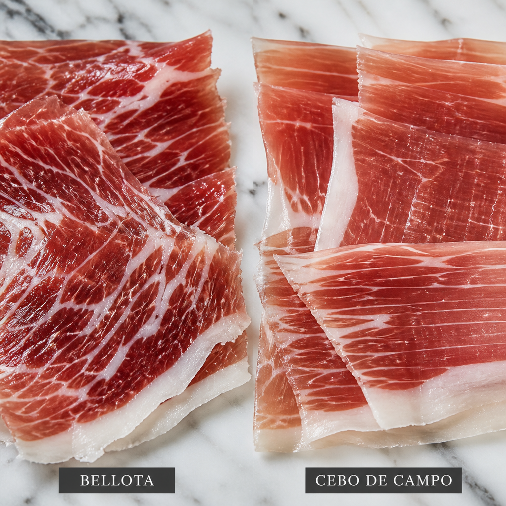 Comparación de cortes de jamón ibérico de bellota versus jamón de cebo mostrando diferencias en color y marmoleo de grasa
