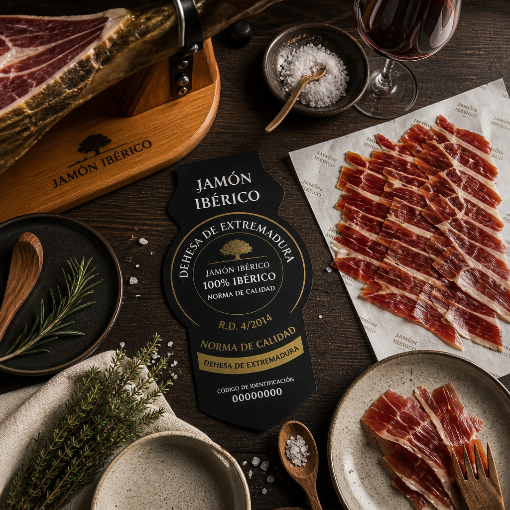 Mesa de cata de jamón ibérico con precinto negro, cortes de jamón y accesorios de degustación