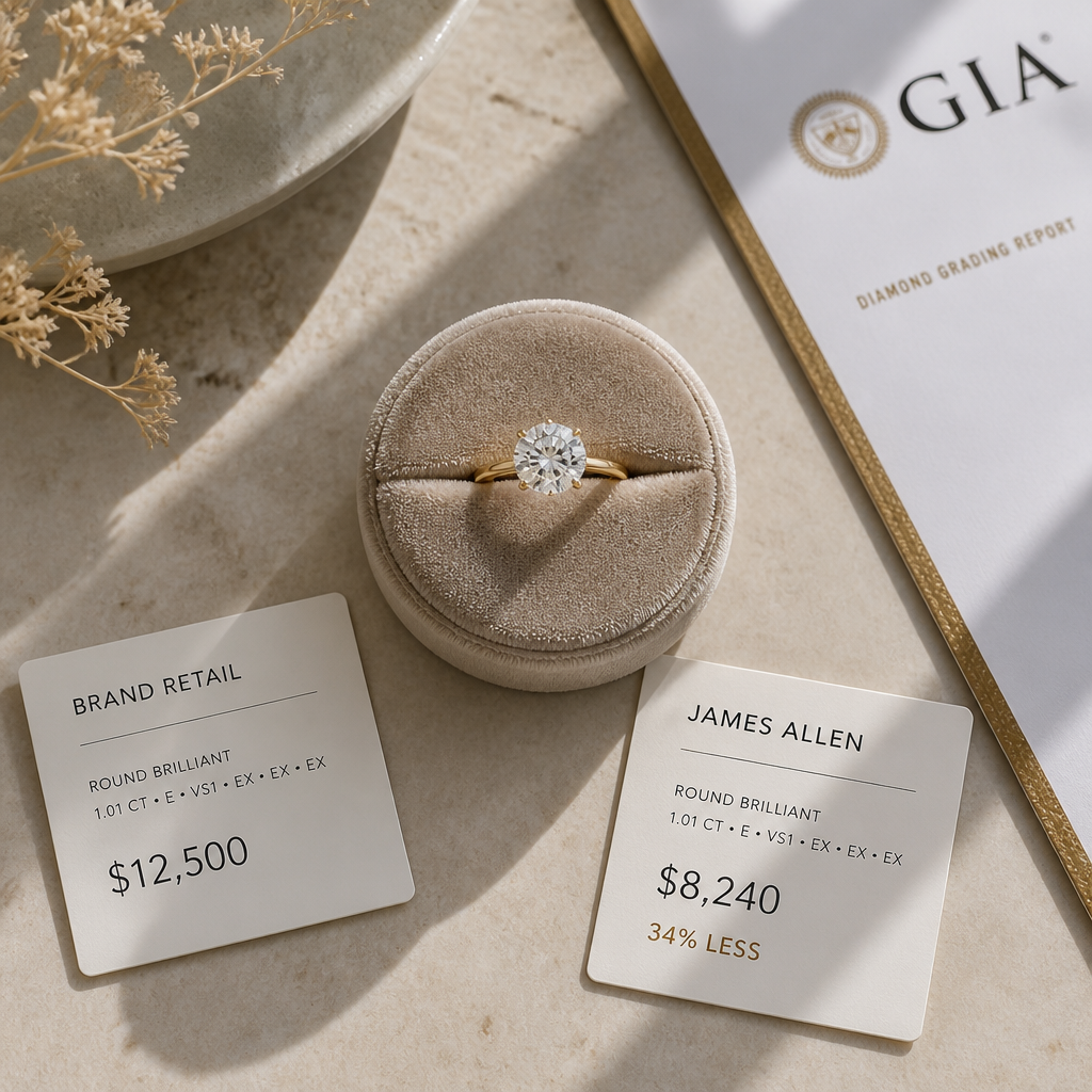 Diamond engagement ring with quality certificates and pricing comparison materials