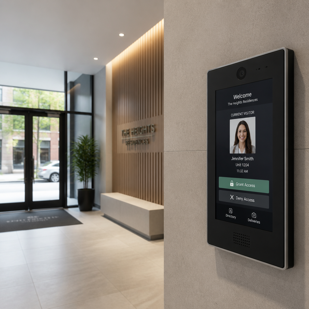 Contemporary intercom panel mounted in apartment building lobby