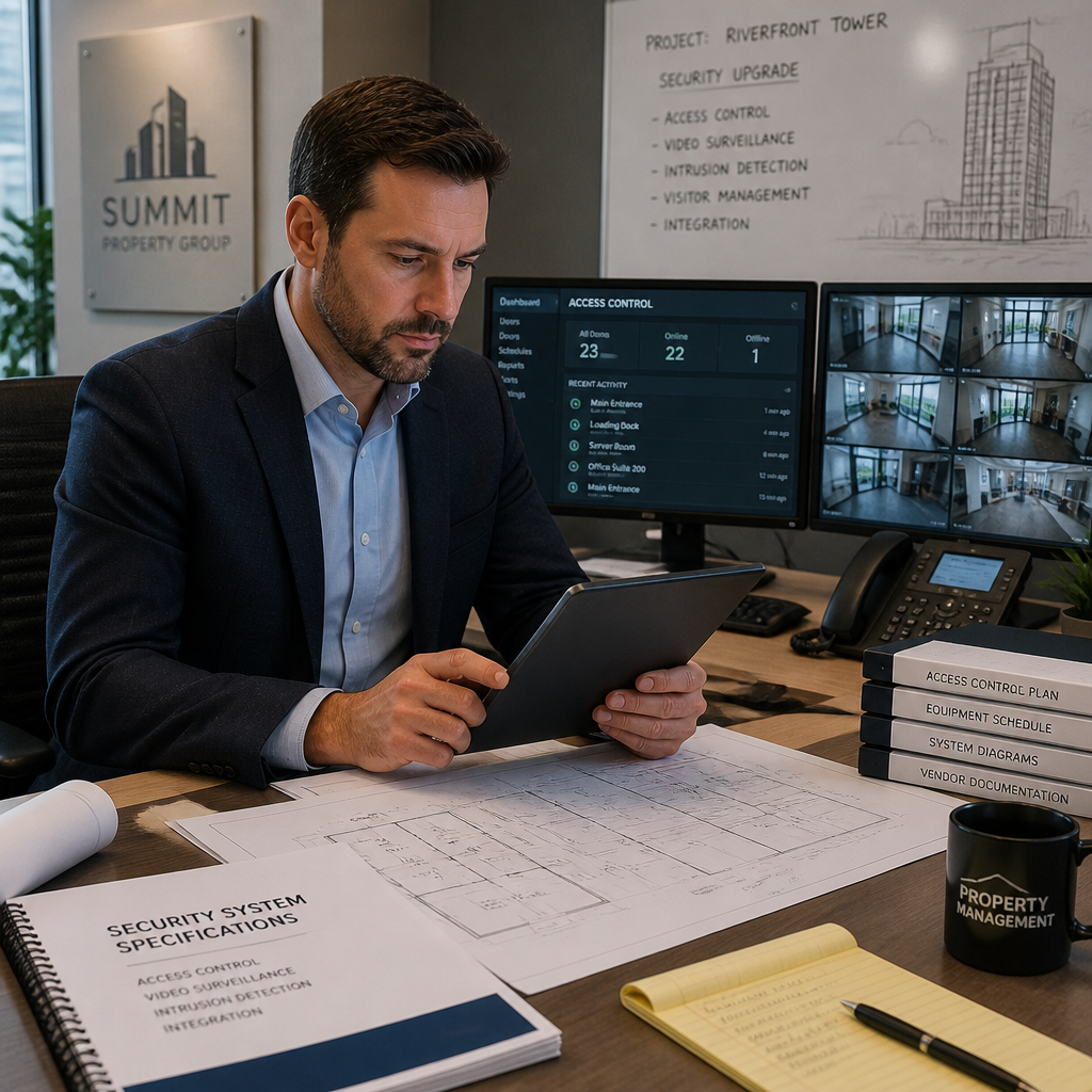 Property manager evaluating intercom system specifications on digital devices