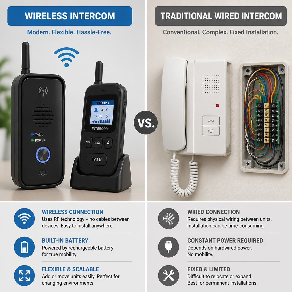 Side-by-side comparison of wireless and wired intercom systems