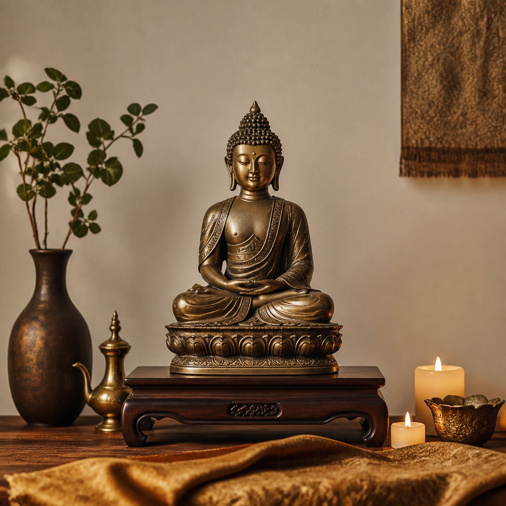 Configuration d'autel minimaliste avec une statue de Bouddha comme pièce maîtresse