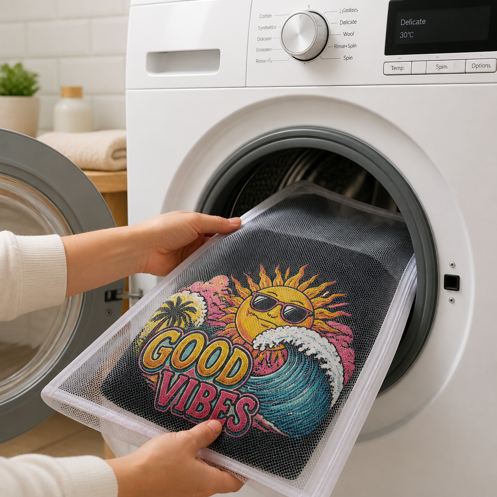 Custom DTF printed t-shirt placed in a washing machine with protective mesh bag for gentle washing