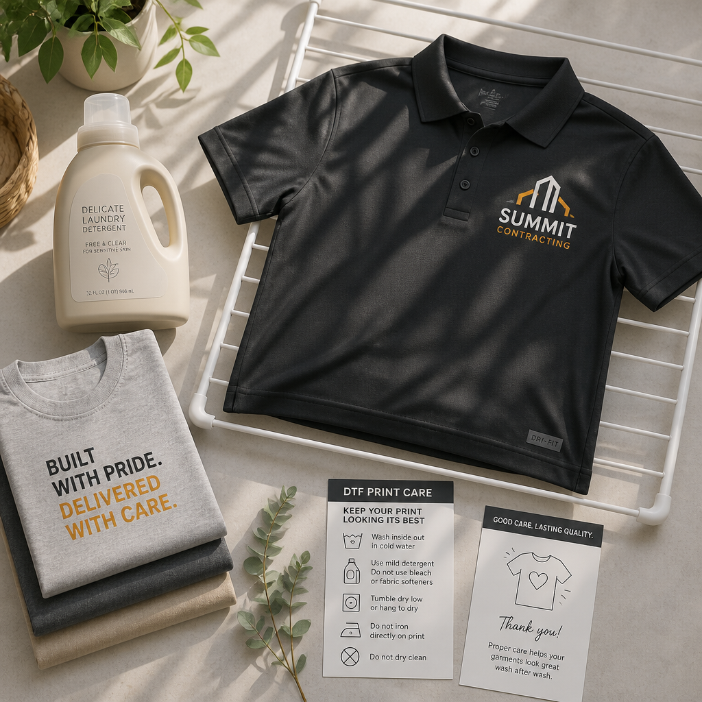 DTF printed workwear laid flat on a drying rack with laundry care products and instructions