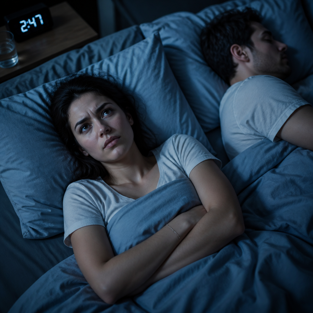 Person awake in bed at night, looking frustrated while partner sleeps beside them