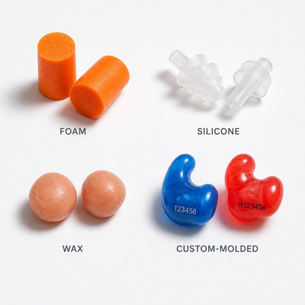 Assortment of different earplug types displayed on white background