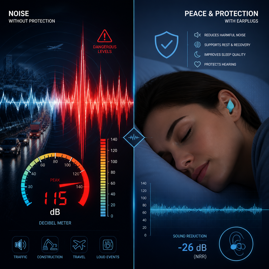 Visual representation of noise disruption beside peaceful sleep with hearing protection