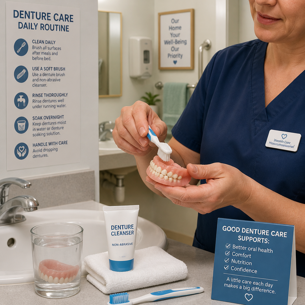 Denture care and cleaning demonstration by trained caregiver