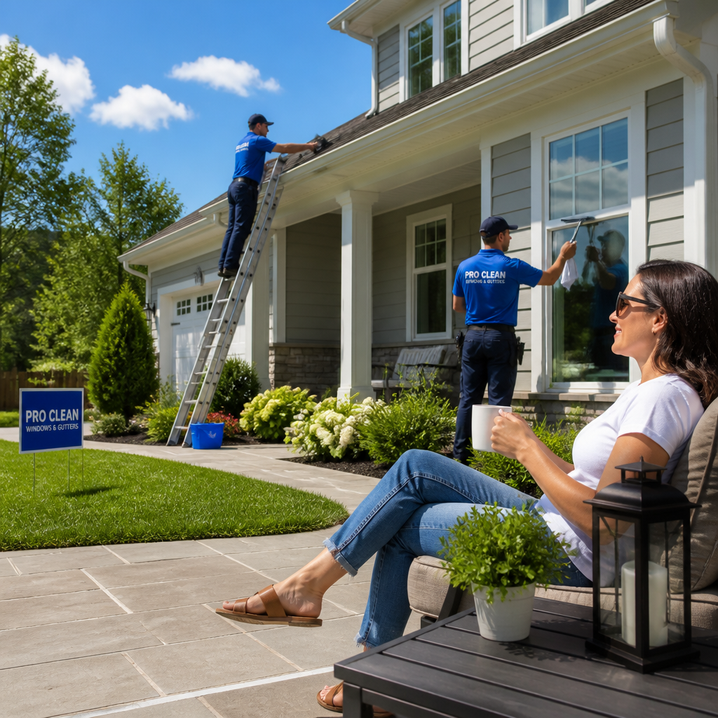 Homeowner enjoying patio while cleaning crew maintains home