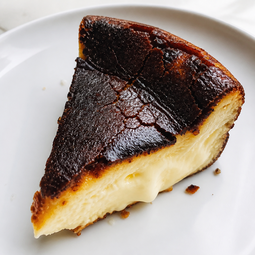 Burnt cheesecake slice showing caramelised top and creamy interior