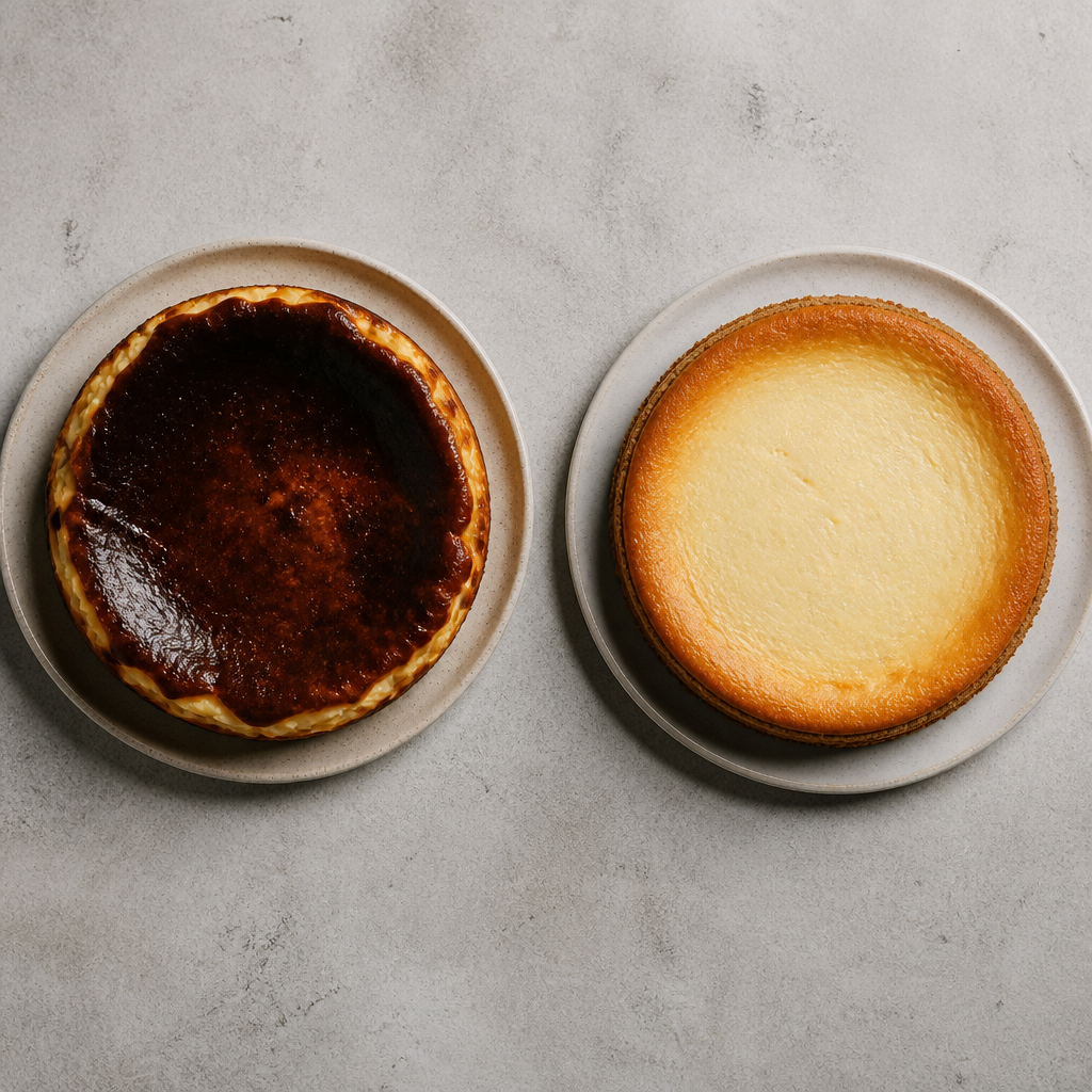 Two whole cheesecakes displayed side by side for comparison