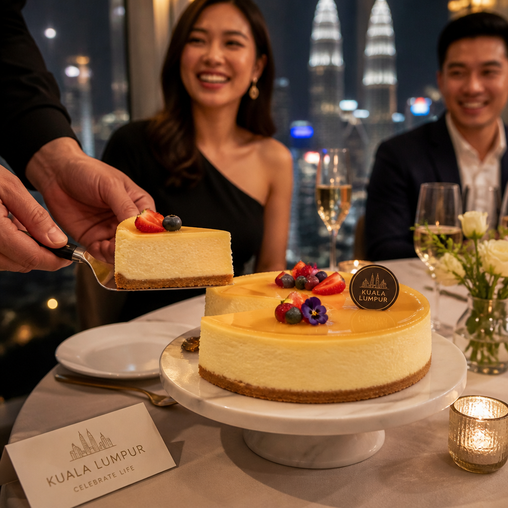 Cheesecake being presented at a celebration table setting