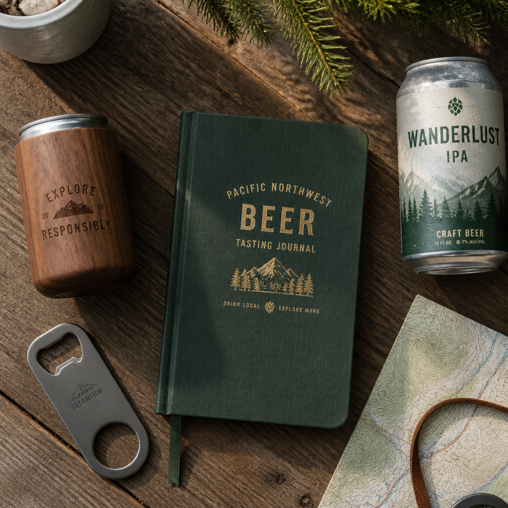 Overhead view of curated outdoor beer lover gifts including wooden insulator and craft beer accessories on wood surface