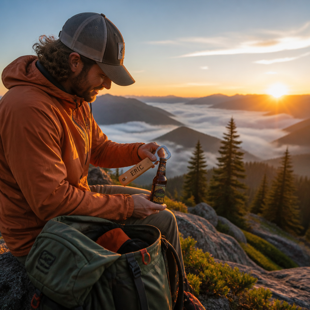Mountain hiker at dawn opening a craft beer with engraved wooden opener at scenic overlook