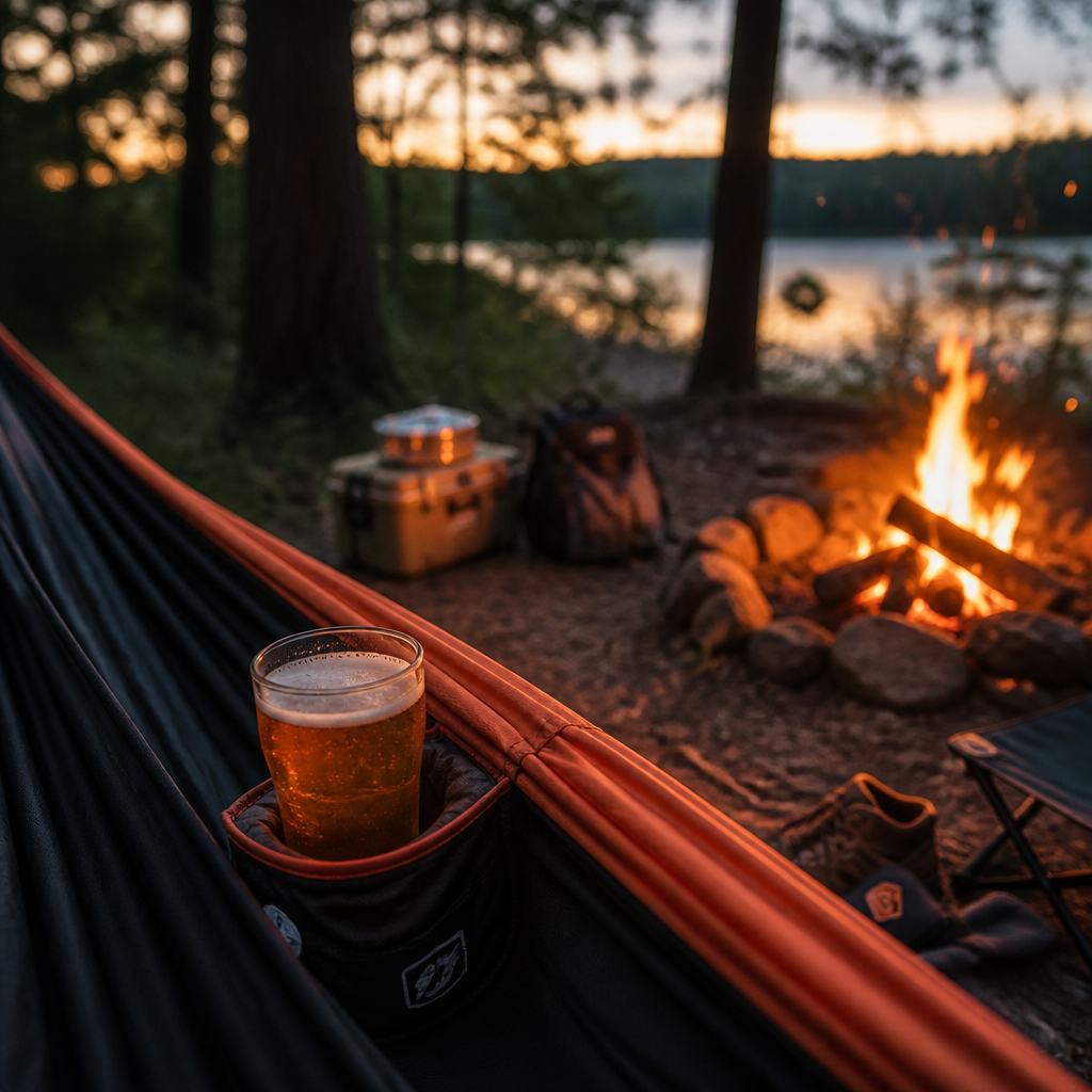 Hammock with integrated cup holder at campsite during evening with beer glass and campfire setting