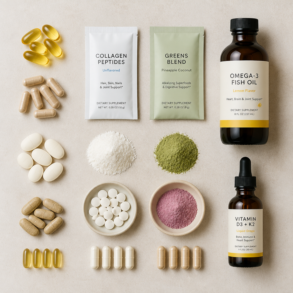 Various supplement formats including capsules, tablets, powders, and liquids arranged on a neutral surface