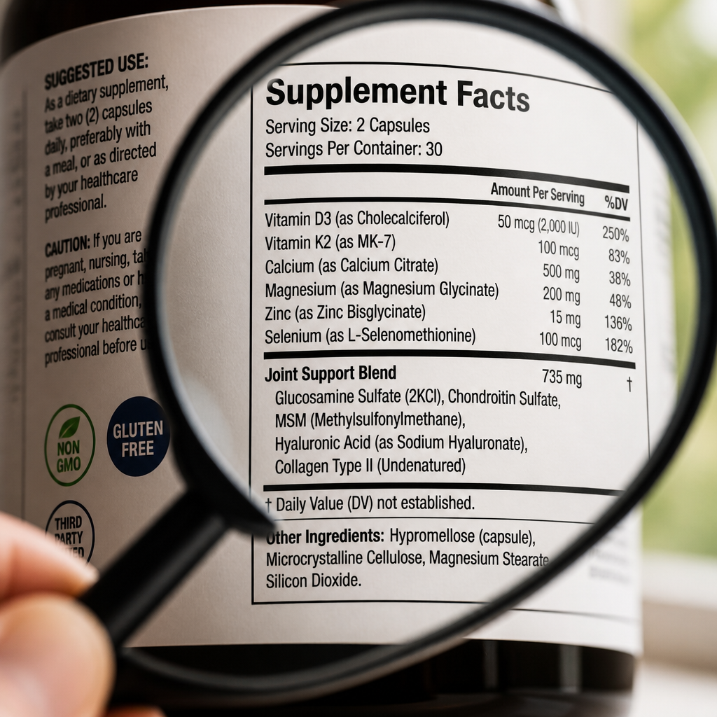 Magnifying glass examining supplement label details showing ingredients and nutritional information