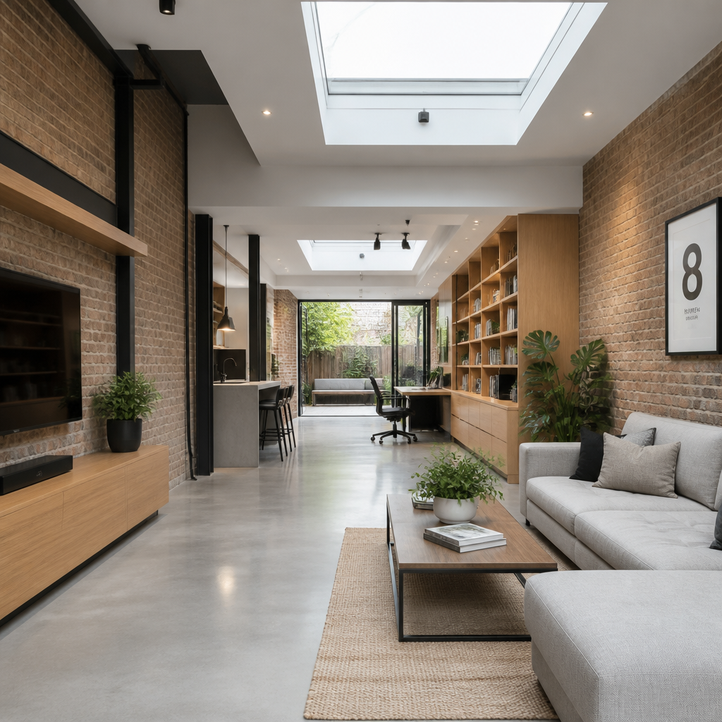 Interior of a finished garage conversion with modern design elements and built-in storage