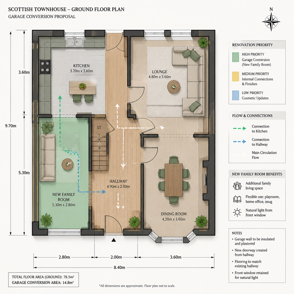 Floor plan diagram showing garage conversion layout integrated with home renovation zones