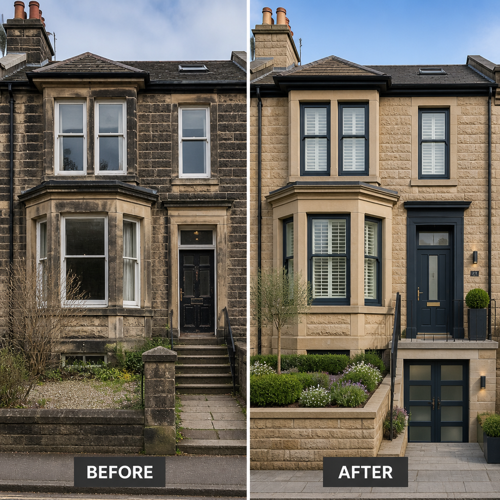 Before and after exterior view of a renovated Edinburgh townhouse with cohesive architectural updates