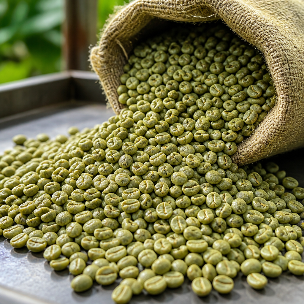 Green coffee beans being sorted and prepared for roasting